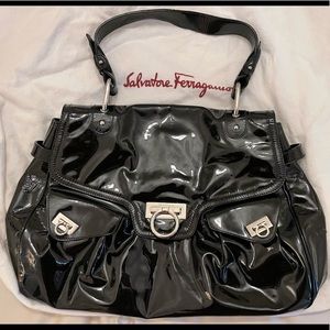 Salvatore Ferragamo RARE Black Patent Leather Gancini Top Handle Bag DH-21 7384